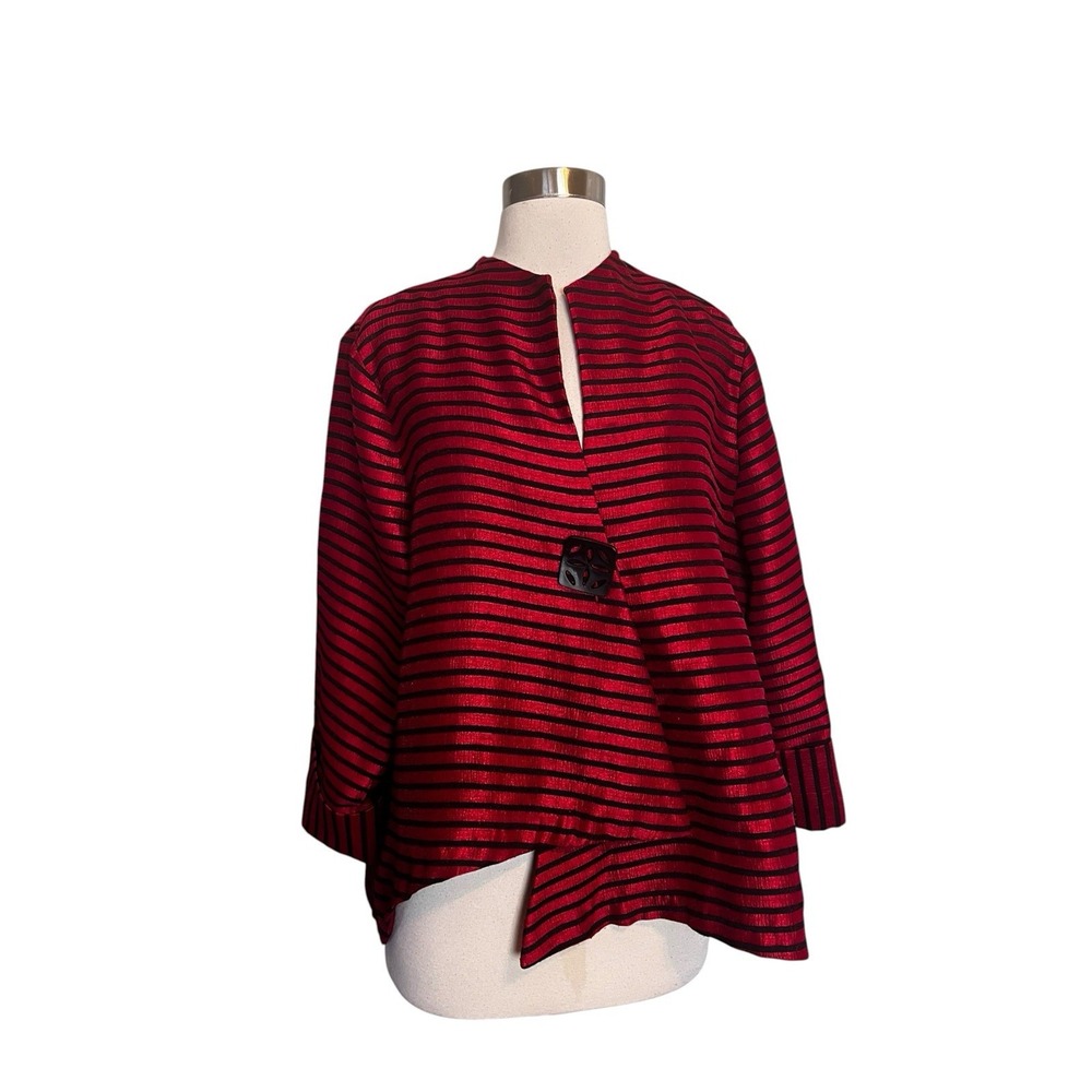 Joseph Ribkoff Asymmetric Swing Jacket Size 16 Red Black Striped